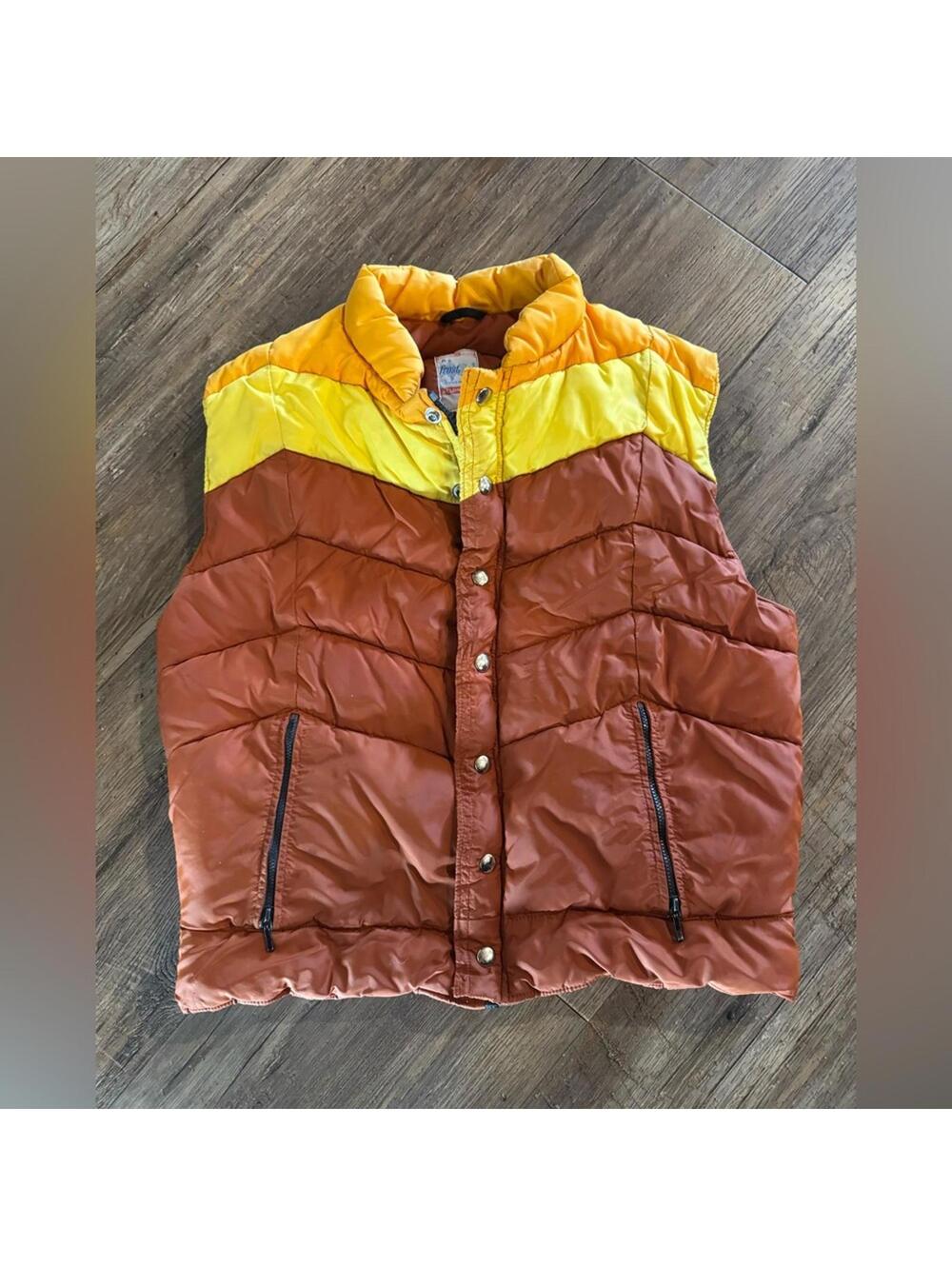 Vintage 70s Frostline Color Block Yellow Brown Puffer Jacket Vest Sz Sm Youth